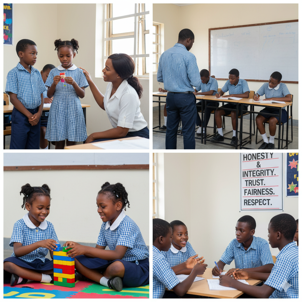 Nigerian students at Verbum Dei schools showing integrity and honesty through truthful actions, fair play, academic honesty, and respectful guidance from teachers.