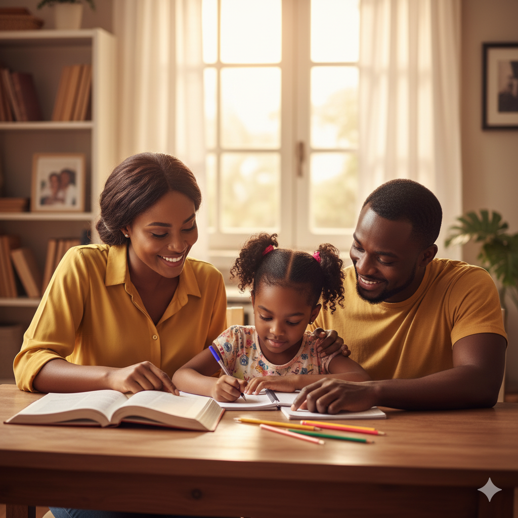 Photorealistic image of Nigerian parents guiding their child with schoolwork at home, representing encouragement, support, and positive parenting.
