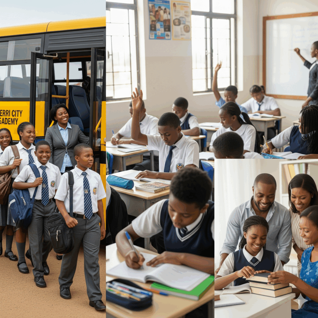 Students of Verbum Dei International College in Owerri, Imo State, Nigeria, engaged in day-school life—boarding the school bus, attending classes, and balancing studies with home routines under supportive guidance.