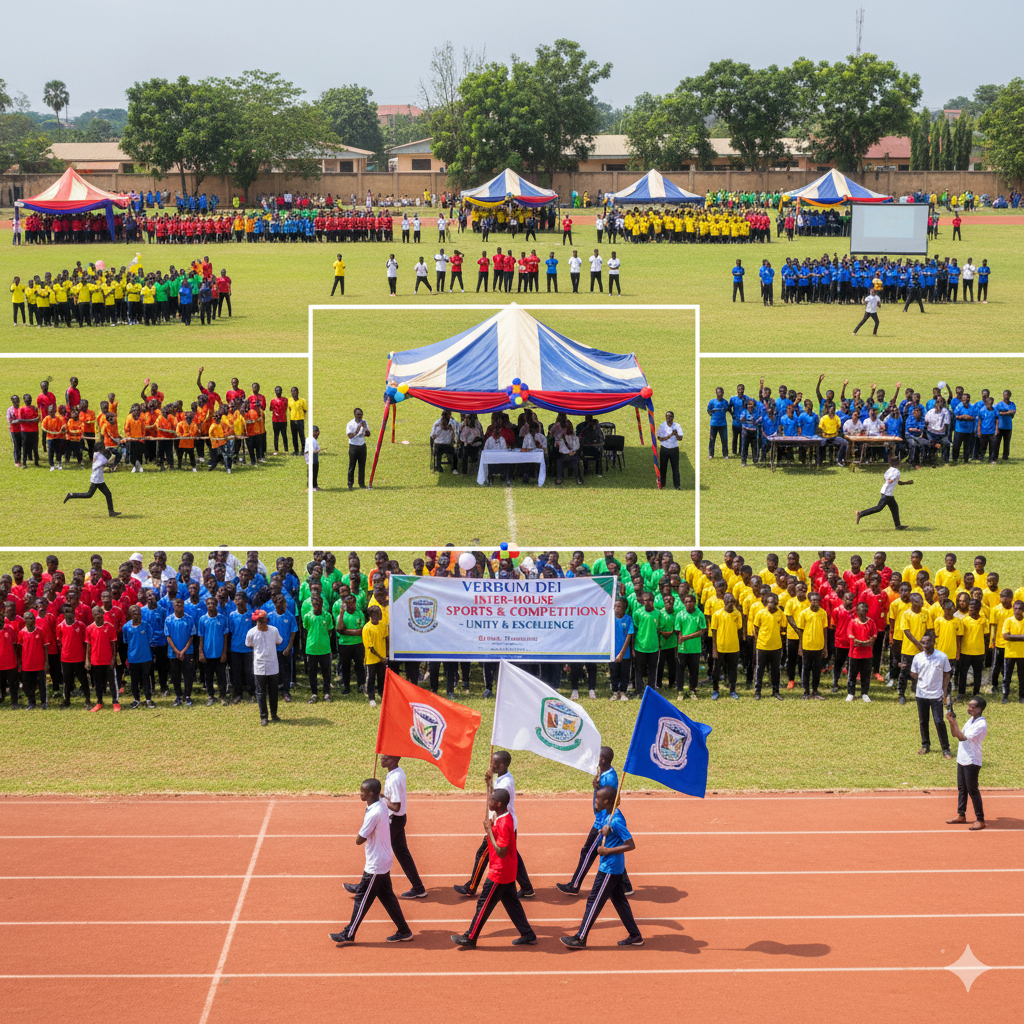 Verbum Dei students participating in the House System with colorful uniforms, teamwork, competitions, and school spirit.